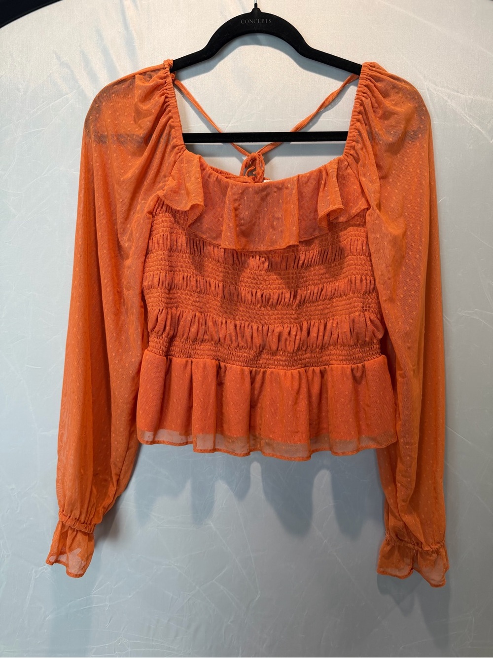 Lauren Conrad Orange Swiss Dot Smocked Peplum Blouse Size Large